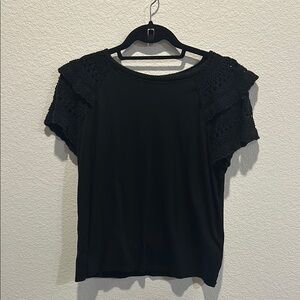 LOFT Black Ruffled Short Sleeve T-Shirt